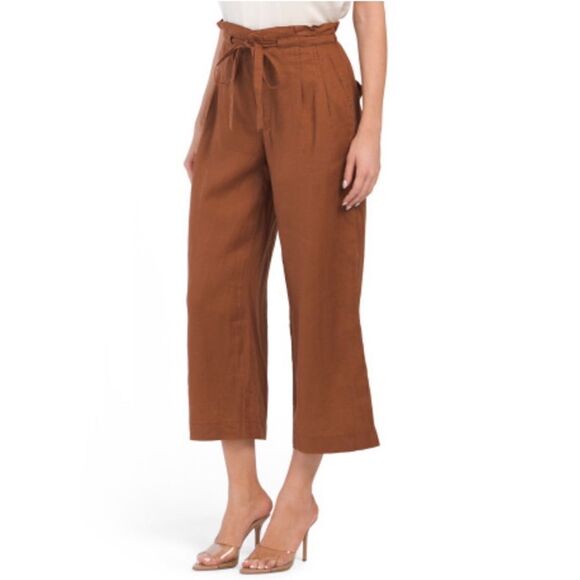 Magaschoni Linen Paper Bag Waist Cropped Pant With Drawstring Tie & Pleated - Picture 2 of 7